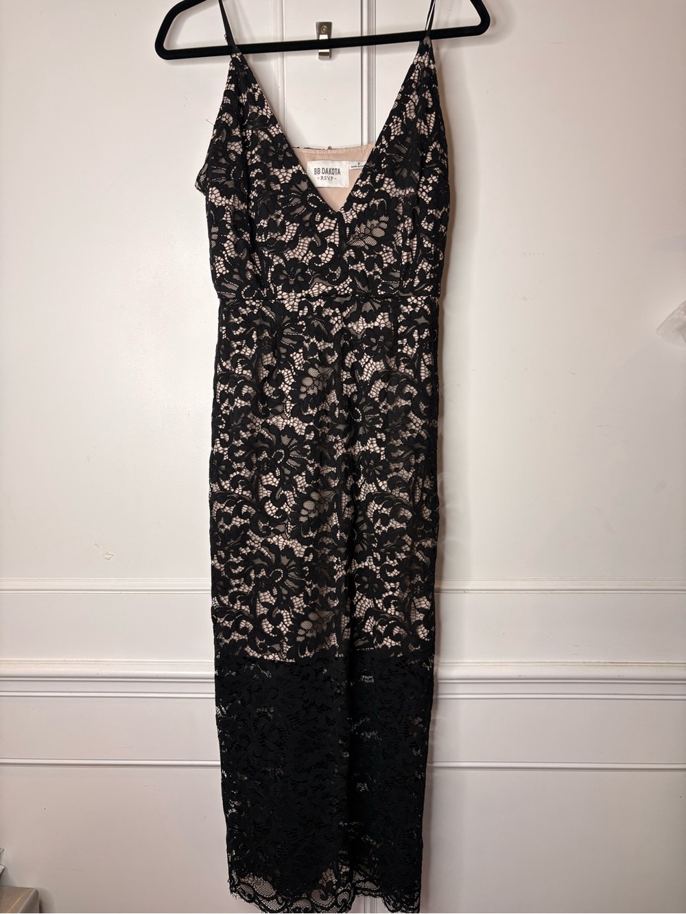 BB Dakota Black Lace Midi Dress with Nude Lining